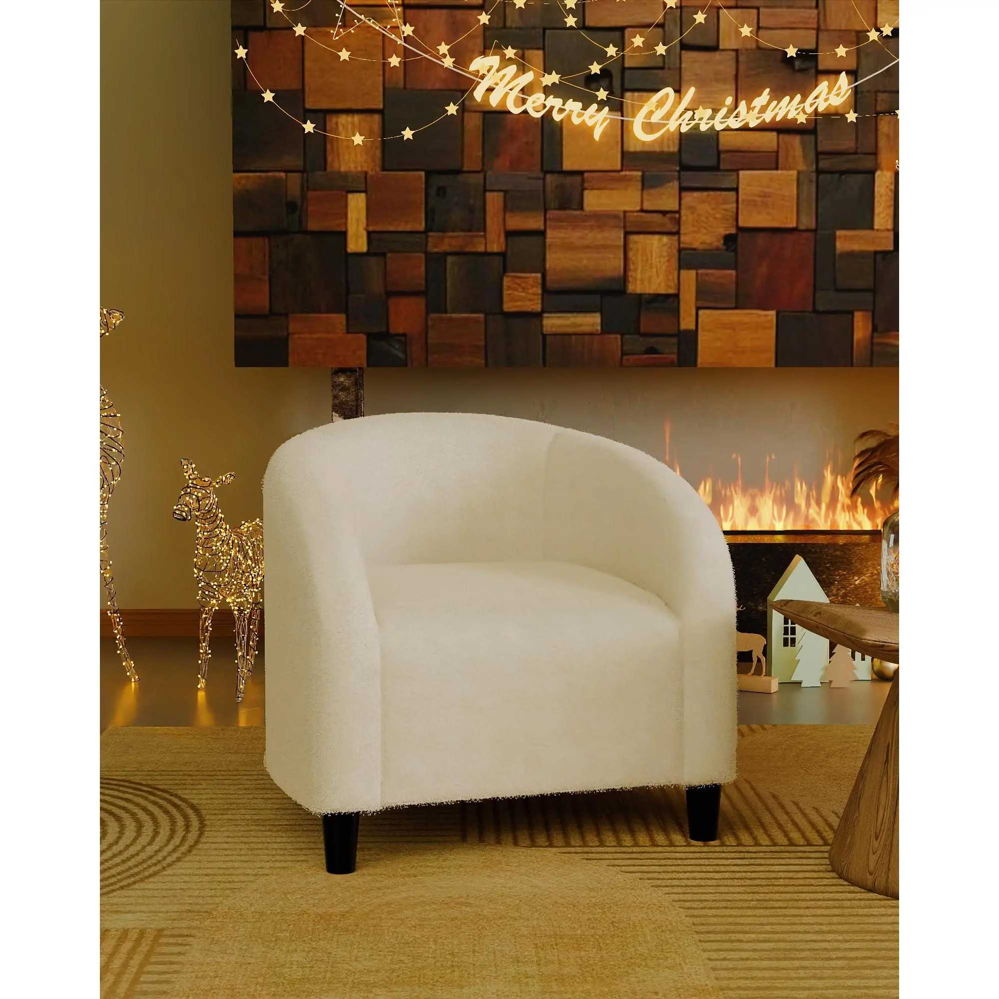 Accent Chair Living Room Chairs Boucle Barrel Chairs Round Armchairs for Bedroom Waiting Room Office Reception Chairs(Cream)