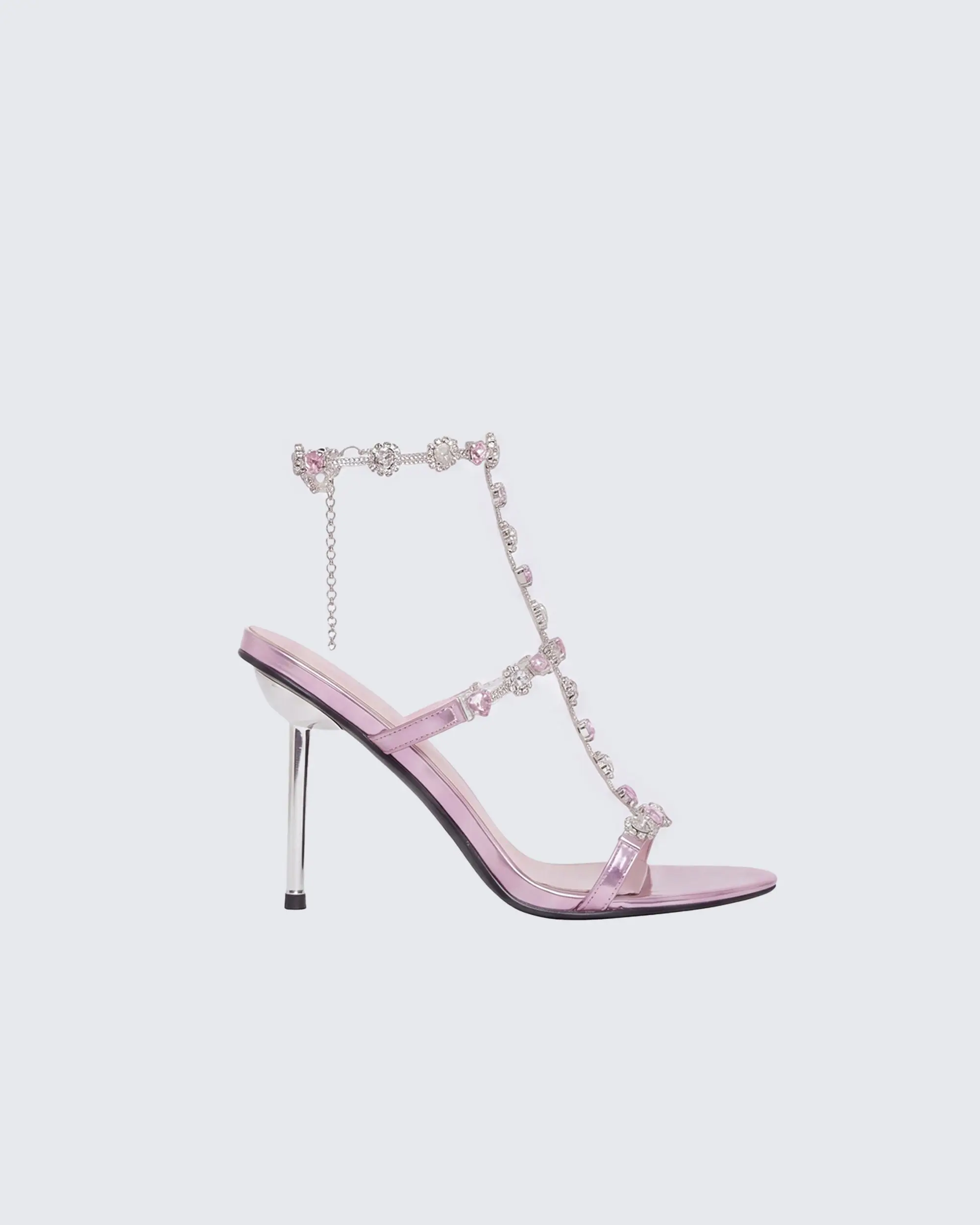 Pink Metallic Stiletto Sandals for Women, Open Toe Rhinestone T-Strap Heels with Crystal Ankle Chain Footwear, Shoes, Crystals