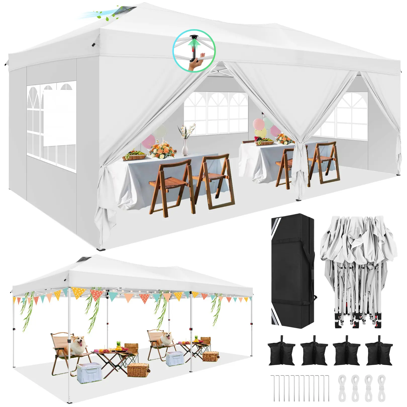 COBIZI 10'x20' Pop-Up Patio Umbrella with Adjustable, Lightweight Waterproof Canopy, Side Walls, Reinforced Poles, Sandbags, Easy Setup for Backyards, Camping, Adjustable Canopy, Lightweight Canopy