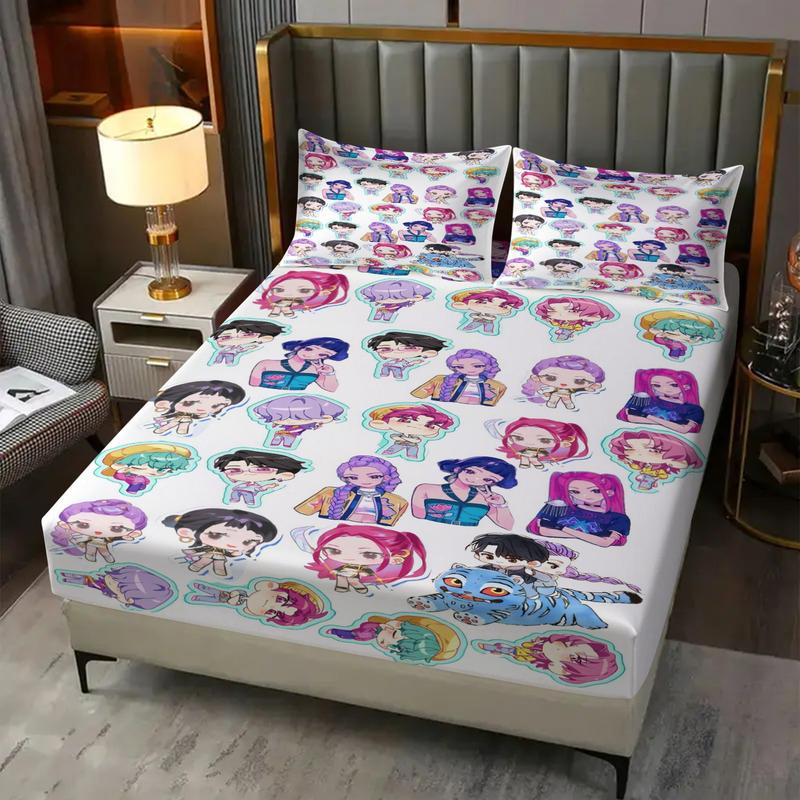 K Pop Demon Hunters Soft Breathable Fitted Sheet Set, bed sheets set, 3 Counts/set including 1 Fitted Sheet & 2 Pillowcases, Cute Idol Themed Decor for Bedrooms and Gifts
