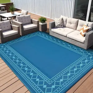 Turquoise Outdoor Rug 8x10, Waterproof Reversible Plastic Straw Rug, Modern Bordered Plastic Straw Outdoor Mat, Large Outdoor Rugs Mats RV, Picnic, Backyard, Balcony, Porch, Beach