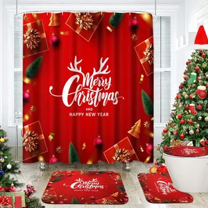 4 Pcs Shower Curtain Set Merry Christmas Happy New Year with Non-Slip Rugs Toilet Lid Cover and Bath Mat Bathroom Decor Set