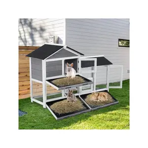 63 inch Bunny Hutch Indoor With 3 Leak-Proof Trays Wooden Waterproof Roof Rabbit Hutch Indoor Outdoor 2-Tier Bunny House C-Hicken Coop Gray And Black