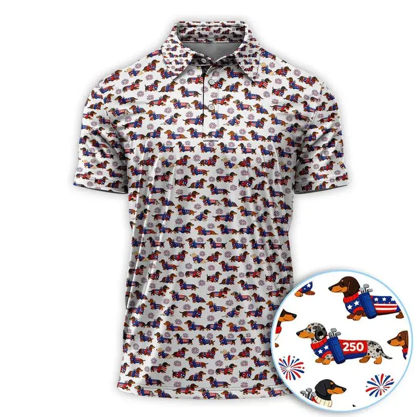 America 250 Dachshund Polo Golf Shirt Men’s Patriotic Wiener Dog Lightweight Casual Outfit Wear