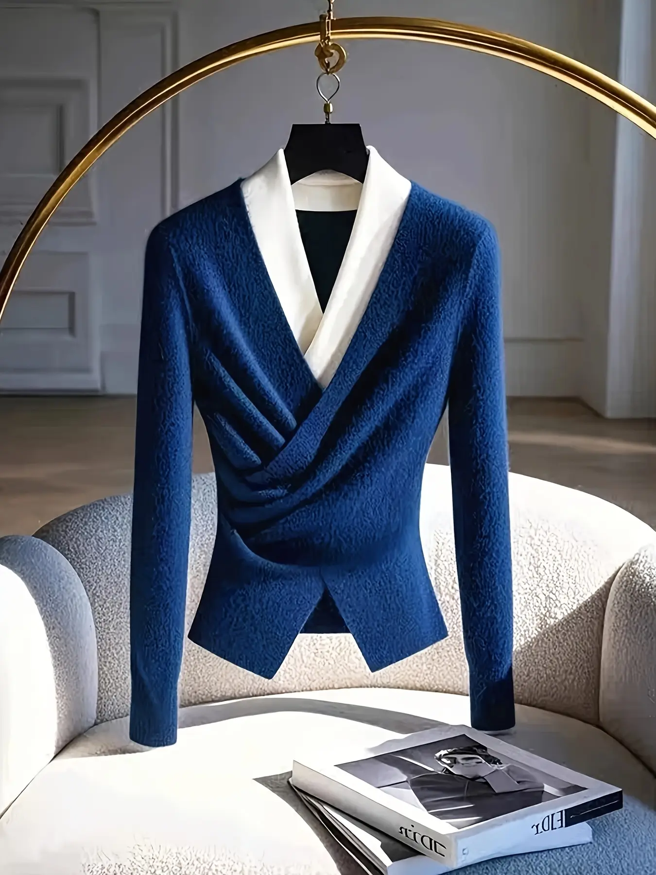 Women's Pleated Waist Patchwork Jumper, Formal Casual Lapel Neck Tunic, Fashion Spring Wear for Business, Ladies Long Sleeve Tops
