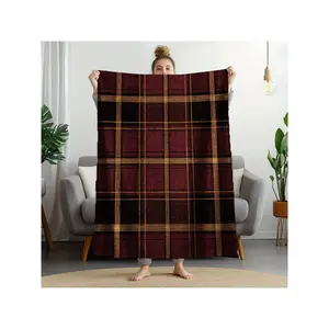 Vintage Classic Burgundy Black Gold Plaid Cozy Warm Soft Throw Blanket for Home Sofa Decor