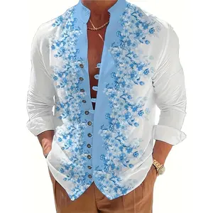 Men's Casual Long Sleeve Button Shirt, Blue Floral Print - Wrinkle-Resistant Soft Fabric, Stand Collar, Machine Washable Daily Wear and Outdoor Activities, Versatile Clothing, Smooth Texture, Weekend Outfit, Design, Durable Clothing