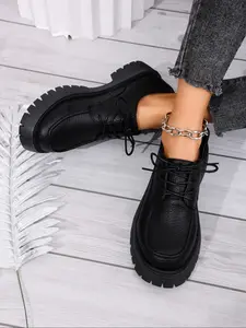 Women's Casual Round Toe Lace-Up Thick Sole Shoes, All-Season Simple Design Elegant Walking Flats, Campus & Business Style, Office Shoes