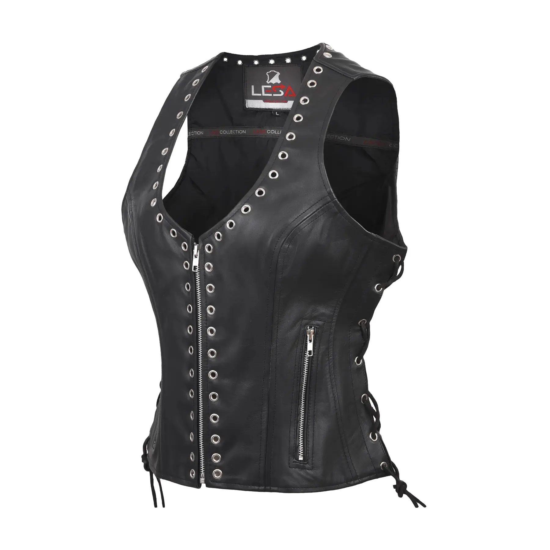 Women’s Black Leather Motorcycle Vest – U Neck Cowhide Biker Vest with Rivet Trim, Side Laces & Concealed Carry Pockets