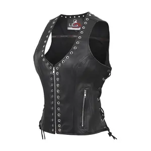 Women’s Black Leather Motorcycle Vest – U Neck Cowhide Biker Vest with Rivet Trim, Side Laces & Concealed Carry Pockets