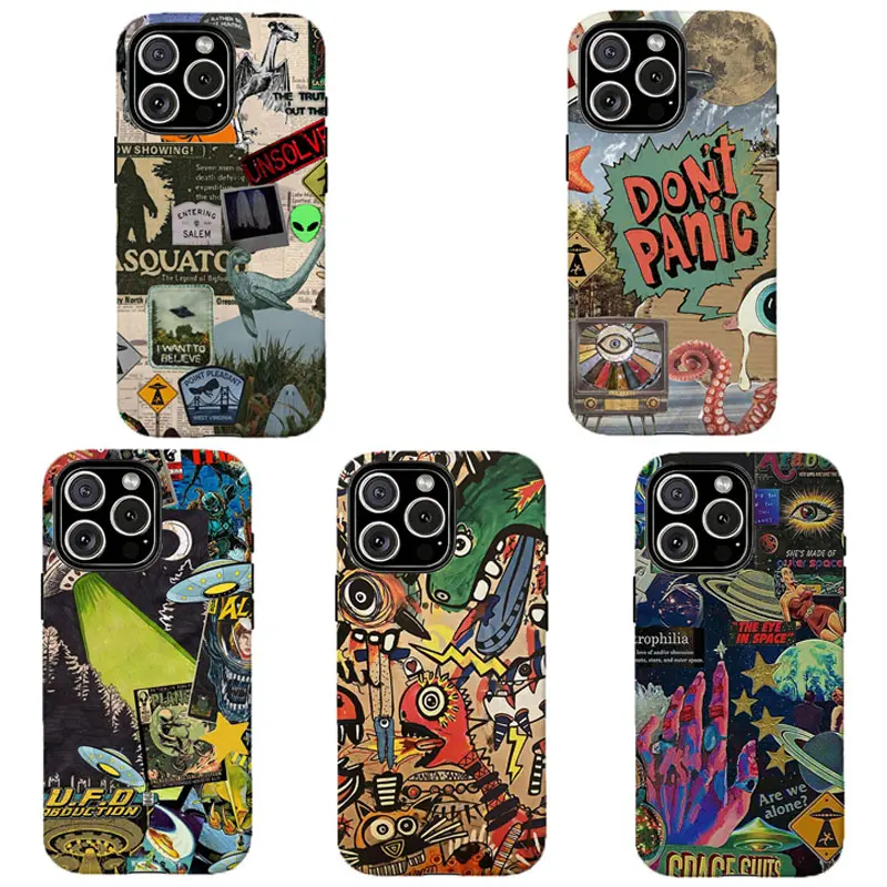 Alien & UFO Collage Phone Case | Retro Y2K Grunge Aesthetic , For iPhone 11 12 13 14 15 16 17 Pro Max For Samsung S26 S25 S24 S23 S22-Gift For Her/Him/Anime lovers