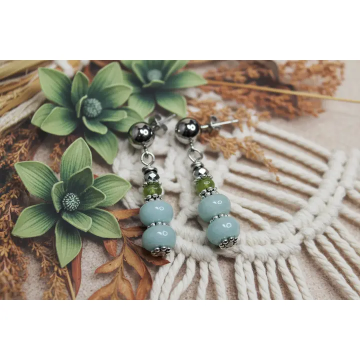 Amazonite & Jade Earrings, Steel, Hypoallergenic, Sensitive Skin, Gemstone Ball Post
