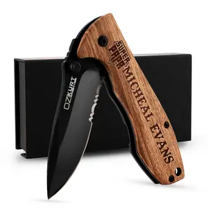 Personalized Oak Wood Pocket Knife with Name and Icon