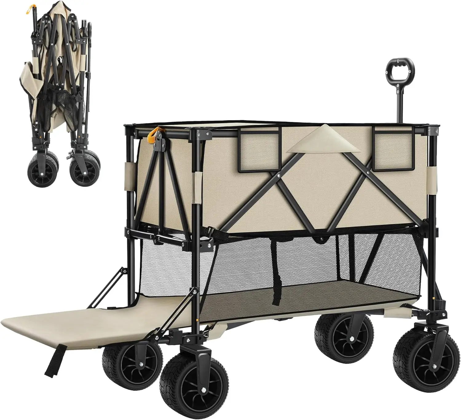Double Decker Wagon Collapsible, 400L Heavy Duty Foldable Wagon with Big Wheels, Folding Extended Wagon Cart Support Up to 450lbs, Outdoor Utility Wag