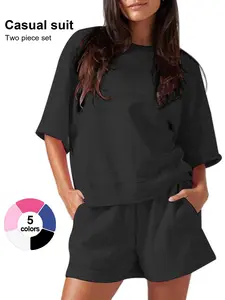 Women's 2-Piece Set, Casual Loose Fit Crop Top & High-Waisted Shorts, Sporty Style Half Sleeves Pockets Design, Perfect Loungewear Womenswear