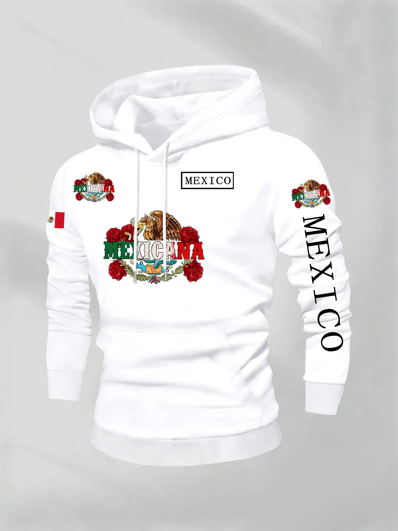 Men's Mexican Eagle & Rose Print Long Sleeve Hoodie, Graphic Hoodie, Floral Sweatshirts, Fall Winter Casual Streetwear, Fashion Daily Wear, Loose Fit H-Type
