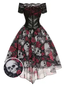 1950s Halloween Skull Rose Lace Mesh Dress Clothes Costumes Vintage Womenswear Zipper