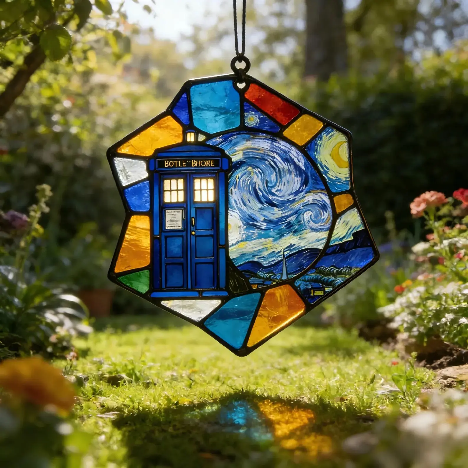 Doctor Who TARDIS Starry Night Stained Glass Suncatcher Mosaic Window Accent Rainbow Catcher