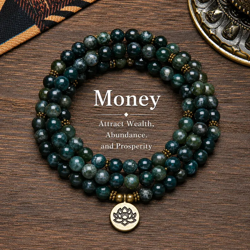 ARPURRAINA 8mm Moss Agate 108 Mala Beads - Auspicious Money-Attracting Wrap Bracelet & Long Chain Necklace with Lotus Buddha Charm, Ramadan Pendant, All Ages Crystal Style Arm Candy, Yoga Meditation Gift (Agate Bracelets & Bangles)