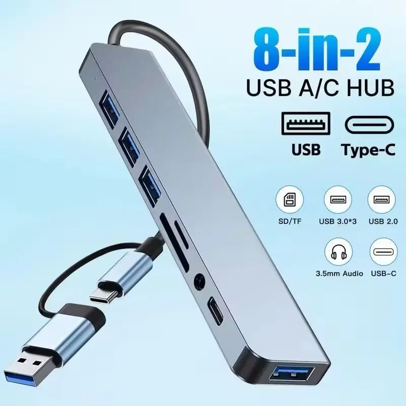 USB Type C (Can Convert to USB) 8 in 1 USB Hub with Multiple Ports Docking Station, Light Weight Slim Design USB Hub, USB 3.0, USB 2.0 SD/TF, Audio Ports for Computer, Laptop, Tablet