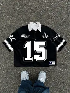Manfinity Men's Casual Contrast Color Digital Print Shirt, Summer Men's Cropped Tops, Men's Cropped Graphic Shirts, Street Wear Shirts, Black And Silver Jersey
