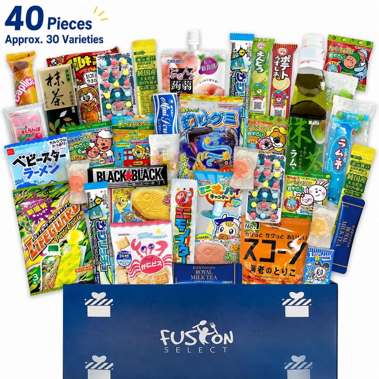 Fusion Select 40 Japanese Snack Box Gift Basket - Assorted Dagashi Box from Japan with Bubble Gum, Peach Juice, Fish-Shaped Wafer, Potato Crisps, Animal-Shaped Biscuits, Corn Chips, Gummies