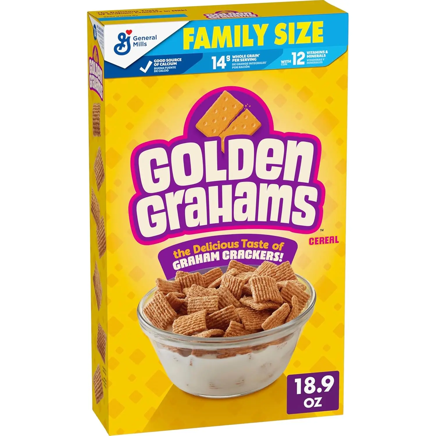 Golden Grahams Breakfast Cereal - Graham Cracker Taste, Whole Wheat, Children-Focused, 18.9 oz Family Size, Cupboard Pantry Food, Honey Sweet, Vitamin C, A B Vitamin (Folic Acid), Baking Soda, Brown Sugar Syrup, Corn Meal, Perfect with Milk