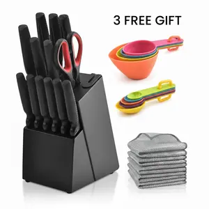 13-Piece Kitchen Knife Set with Block and Sharpener, Diamond Textured Non-Stick Stainless Steel Knives, Ergonomic PP Handle, Includes Measuring Cups & Cleaning Cloths, Black Knife Set for Home Cooking