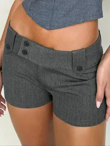 Women's Solid Color Fitted Button Fly Shorts, Elegant Comfy High Waist Shorts for Daily Wear, Ladies Bottoms for Summer