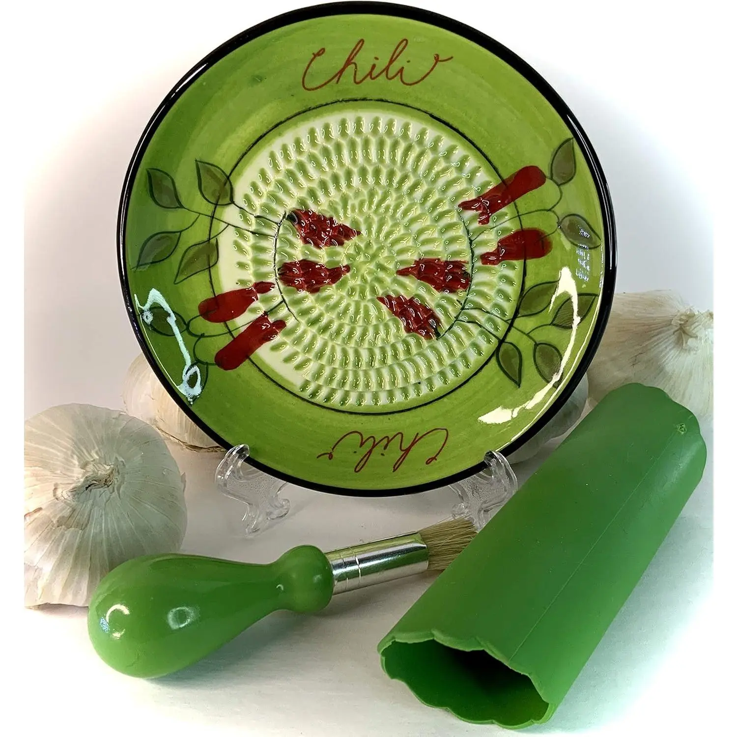 , -in-  Ceramic Garlic Grater Plate 4- Set - Green Chili Design, Classic Style - For Garlic, Ginger, , and ! - Comes with 5.25" Plate, Peeler, Brush, and Stand