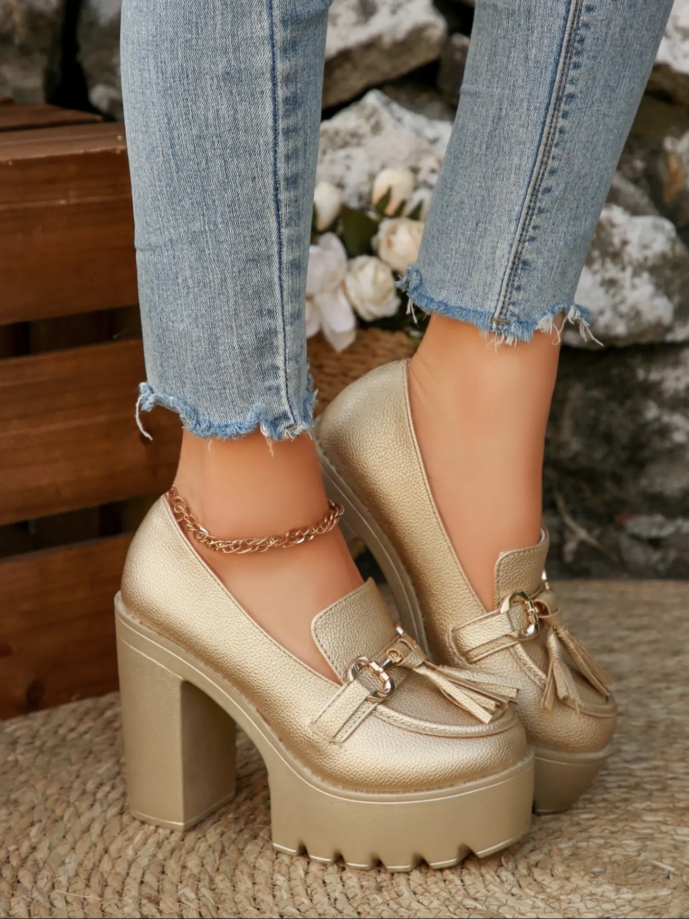Amazon.com | qibusleen Women Beige Women Stylish Block Heels Pointed Toe Loafers Shoes Sexy Formal Shoes main image 2