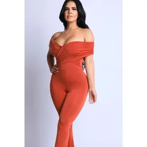 Off-Shoulder Bell Bottom Jumpsuit - Rust Orange