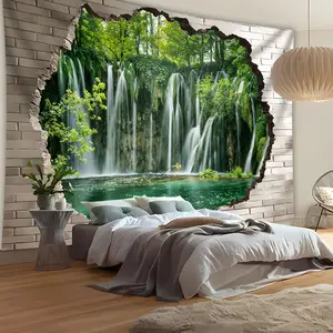 1 Sheet, Extra Large 3D Forest Waterfall Tapestry, Polyester Wall Hanging, Home Office Party Decor, No Installation Required, Landscape Theme, Bedroom Wall Art, Horizontal, Tropical Velvet, Polyester Cover