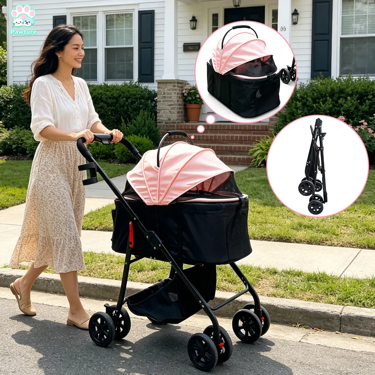 3-in-1 Foldable Pet Stroller with Removable Carrier, 4-Wheel Pet Travel System for Small/Medium Dogs and Cats, Breathable Mesh, Storage Basket & Cup Holder