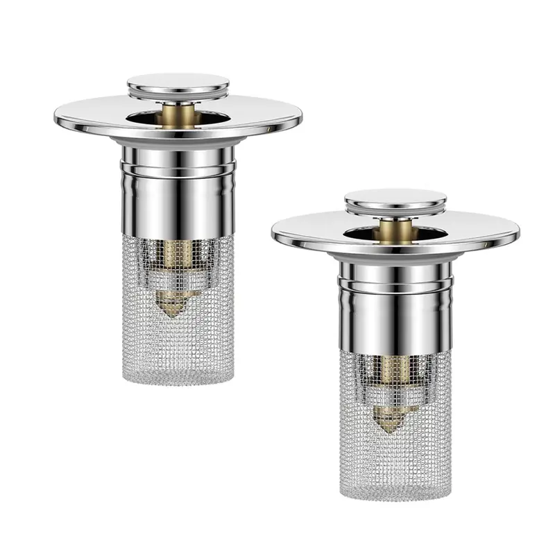 2-Pcs Durable Bathroom Sink Pop-Up Stopper Drain Strainer with Removable Stainless Steel Mesh Basket Filter, Rust-Free Brass Anti-Clogging Hair & Debris Catcher (1.29in-1.64in) for Easy Installation, Replacement & Maintenance