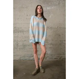 COZY Distressed Loose Pullover Sweater - Blue/Tan - FINAL SALE
