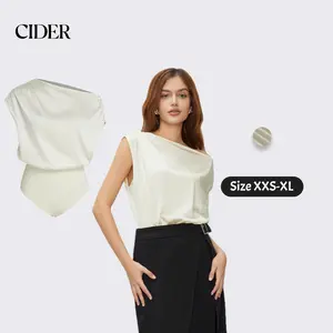 Cider [size 0-10] Satin Asymmetrical Neck Solid Ruched Bodysuit SwimWeek