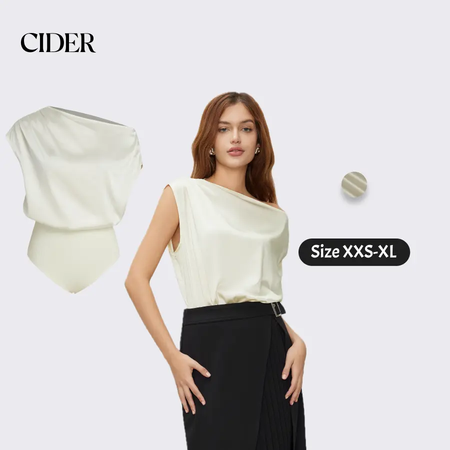 Cider [size 0-10] Satin Asymmetrical Neck Solid Ruched Bodysuit SummerFinds