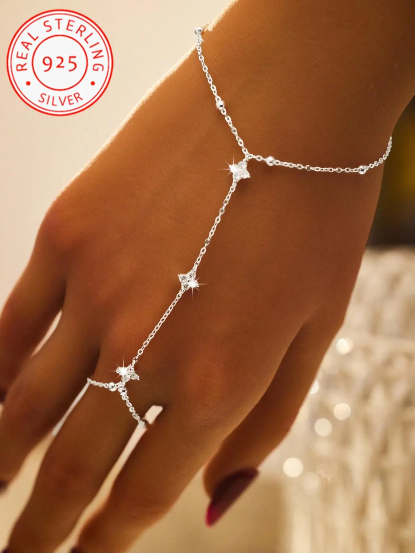 925 Silver Color Elegant Four Leaf Clover Zircon Ring Bracelet, Stylish Jewelry for Women for Daily Party and Holiday Wear, Zirconia Bracelet, Exquisite Trendy Bracelet, High Quality Bracelet, Beautiful Bracelets
