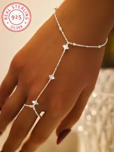 925 Silver Color Elegant Four Leaf Clover Zircon Ring Bracelet, Stylish Jewelry for Women for Daily Party and Holiday Wear, Zirconia Bracelet