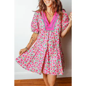 Pink Floral Print V Neck Patchwork Short Bubble Sleeve Mini Dress