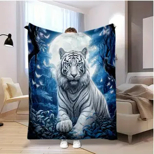 Moonlight Forest Tiger Flannel Blanket - All-season, perfect for sofas, beds, office naps, and outdoor adventures. A versatile blanket suitable for all seasons. | Moonlight Tiger Design | Ideal for gifting.