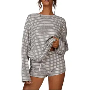 MakeMeChic Women's Striped Lounge Set 2 Piece Sets Long Sleeve Tops Mini Shorts Sets Loungewear