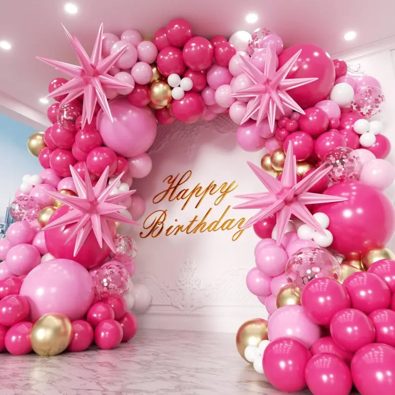 Hot Pink Rubber Balloon Arch Set - 180pcs Different Size Shades (22 18 12 10 5In), White & Gold Balloons with Star Accents, Arch Shape for Party Decor, Valentine’s Day, Everyday Living