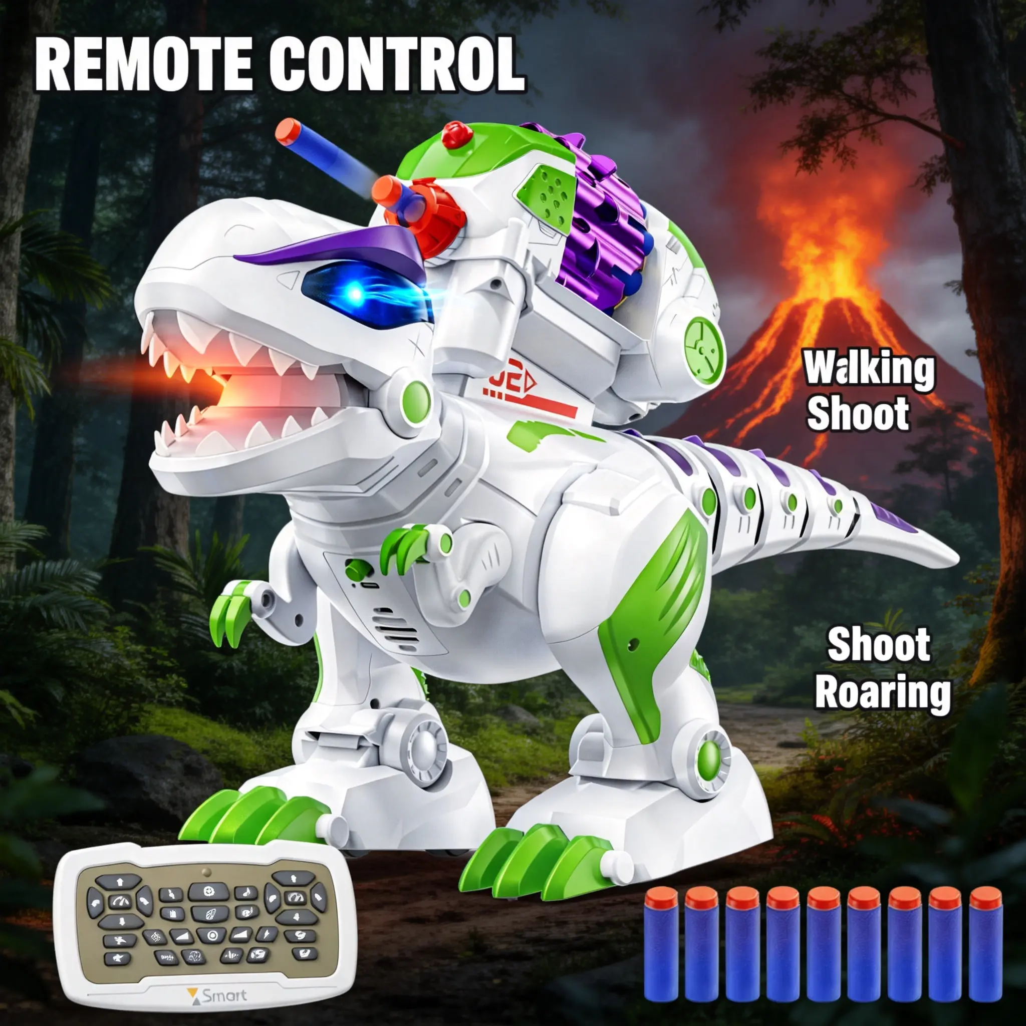 Ruko 8809 Remote-Controlled Dinosaur Toy for Kids — Walking, Roaring T-Rex with LED-Lit Eyes and Projectile-Firing Function; Programmable Interactive Robot Dinosaur; Rechargeable STEM Birthday Gift for Boys and Girls Ages 3–8.
