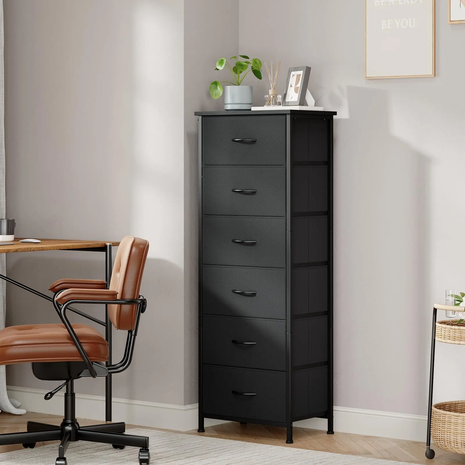 6 Drawer Tall Dresser with Fabric Storage Drawers, Metal Frame Storage Tower with Wood Top and Anti-Tip Design, Vertical Organizer Cabinet for Bedroom, Closet, Nursery, Dorm Room, Apartment and Small Space Storage Solution