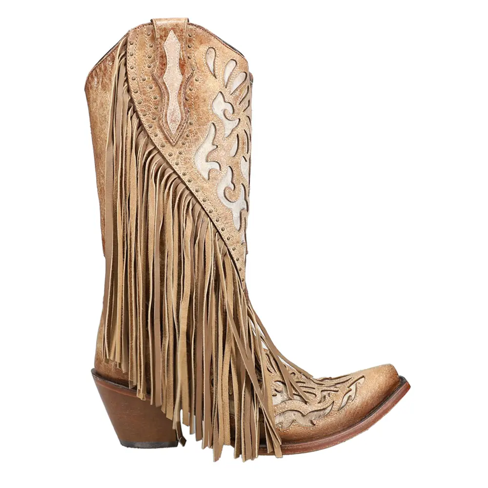 Corral Boots Womens Lamb Studded Embroidered Fringe Snip Toe Pull On  Casual Boots Mid Calf High Heel 3" & Up - Brown