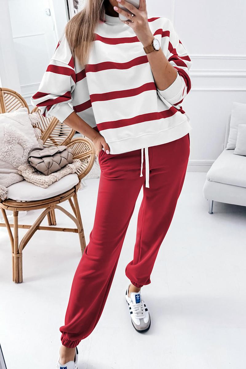 Mntaor Women's Striped Two Piece Outfit Long Sleeve Drop Shoulder Pullover Tops & Jogger Pants Sets Casual Style Comfortable Everyday Wear,Winteroutfit