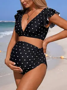 SAMT 2026 Summer Beach Vacation Basic Black & White Polka Dot High Waist Ruffled V-Neck Maternity Swimwear Set