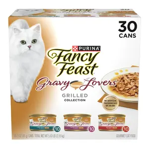 Purina Fancy Feast Gravy Lovers Poultry and Beef Grilled Gourmet Wet Cat Food Variety Pack - Pack of 30, 3 oz. Cans
